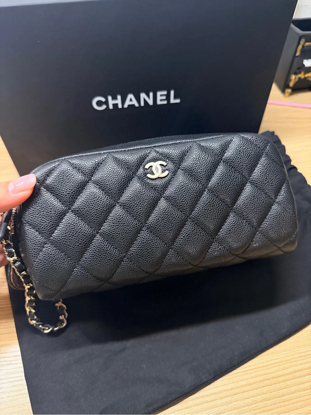Chanel Black Quilted Caviar Toiletry Case With Chain